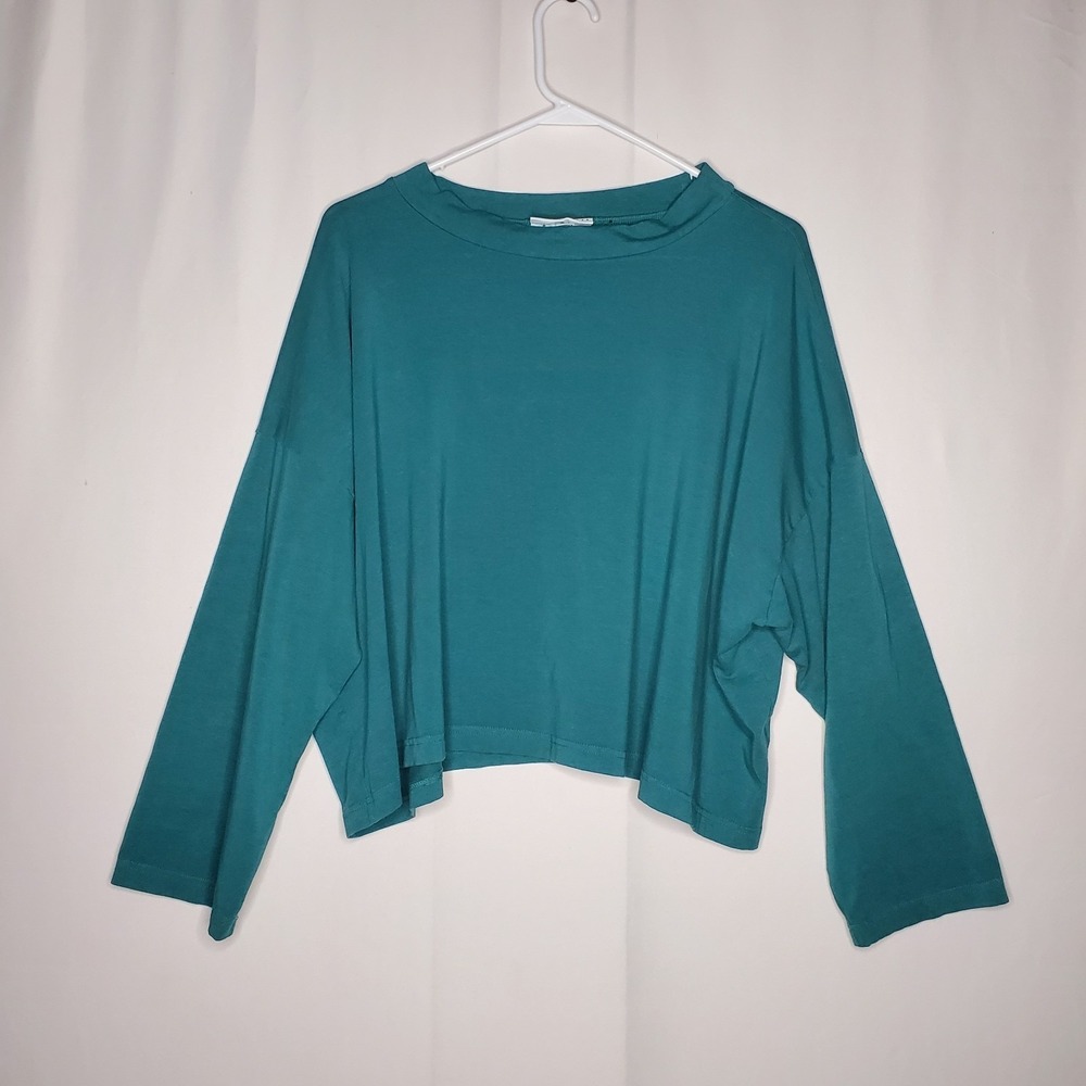 Bryn Walker Oversized Mock Top Women Small Lagenlook Teal Green Bamboo Cotton